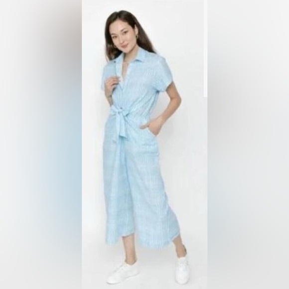 Smash + Tess SZ M Searsucker Light Blue Jumpsuit Tie Waist Wide Leg Pockets - Picture 2 of 11
